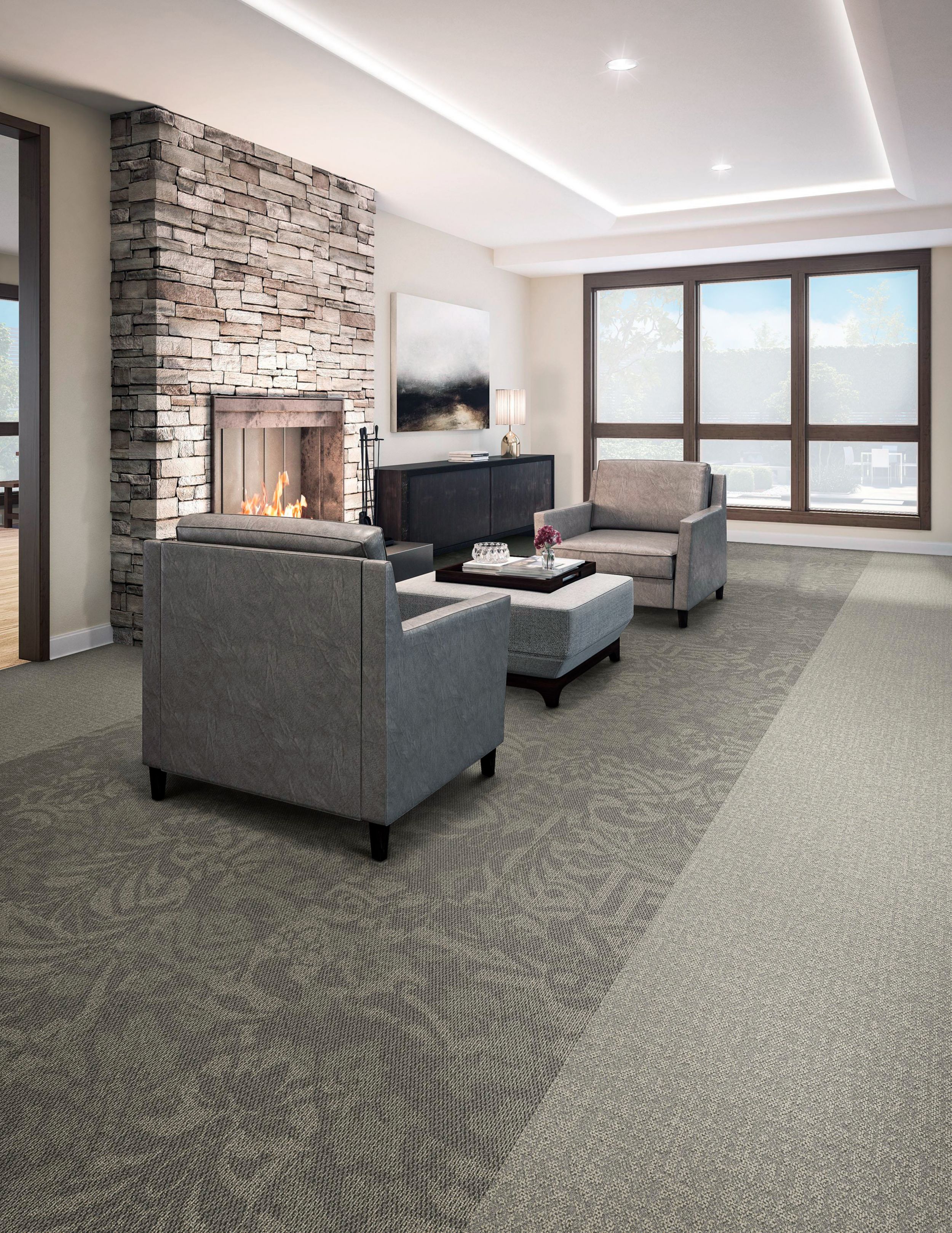 Interface Villa Scroll carpet tile with Mirano plank carpet tile in senior housing seating area image number 7